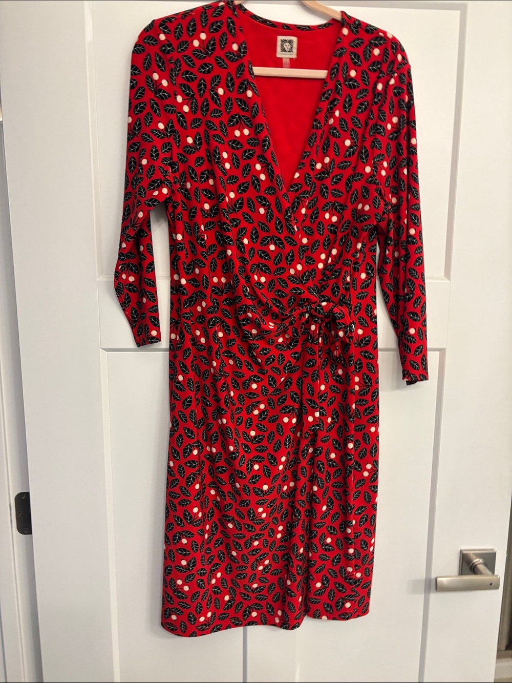 Anne Klein Red Leaf-Print Wrap Dress with Tie Waist